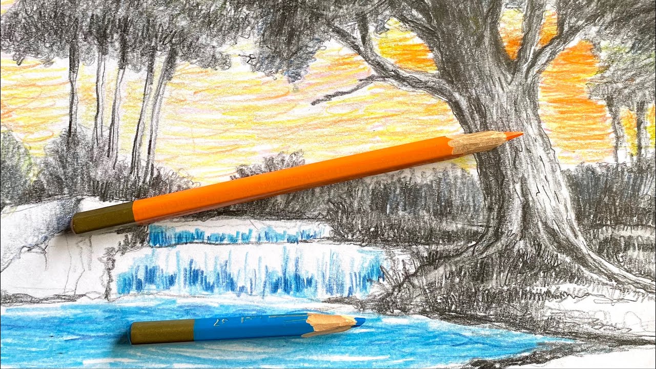 Graphite and colored pencil drawings / How to draw a countryside landscape