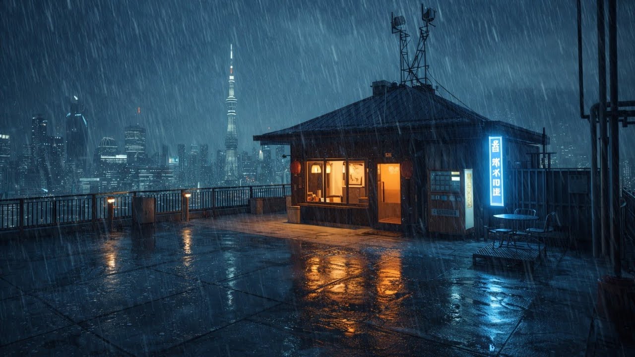 Rainy Japan 90s Rooftop caffe Night 🌧️ Lofi Hip Hop Beats for Study & Sleep