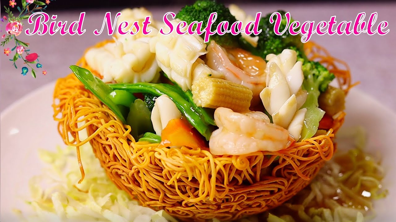 Bird Nest Stir-Fried Seafood with Vegetable, 雀巢海鲜蔬菜篮 [字幕/CC Added]