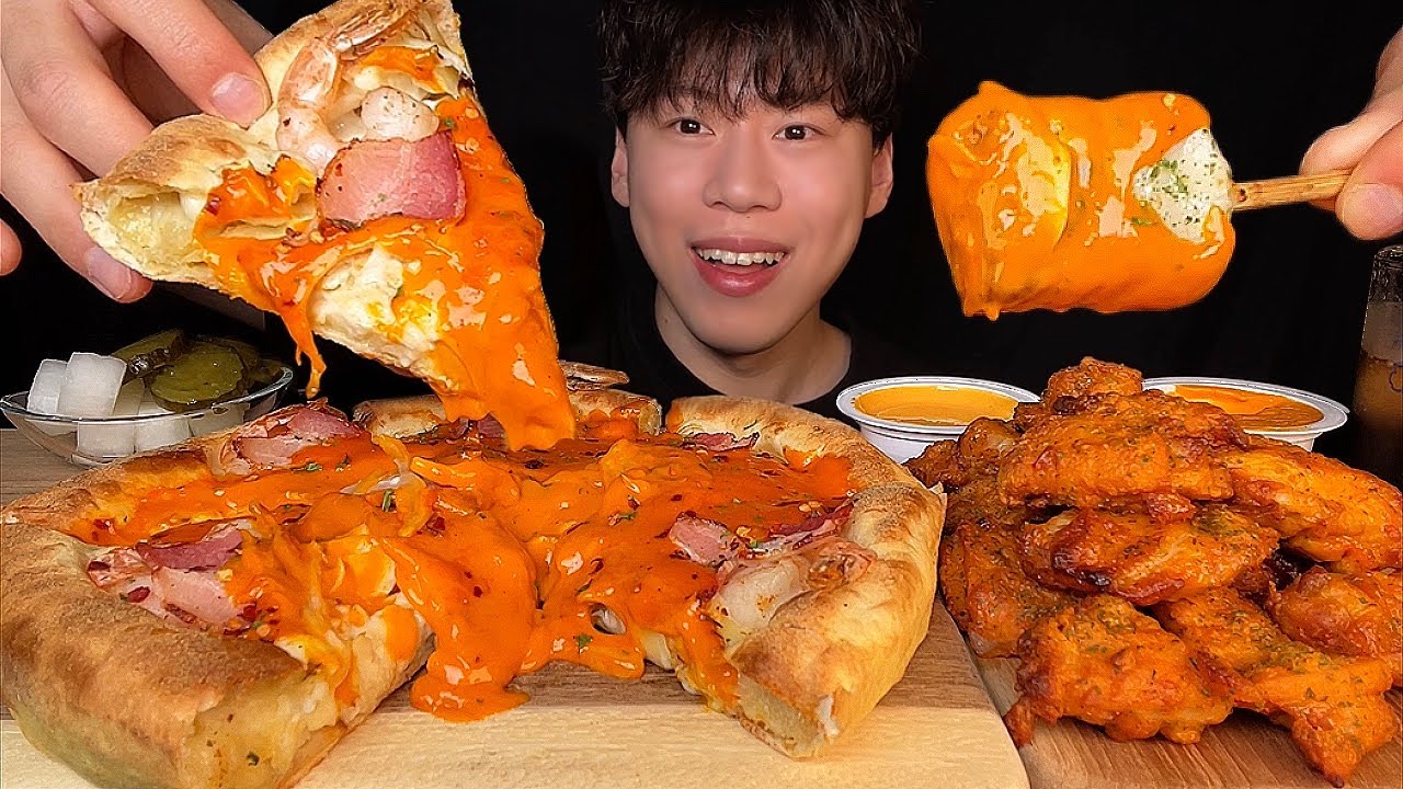 SUB) корейская еда пицца роза чикаго и острая жареная курица мукбанг асмр