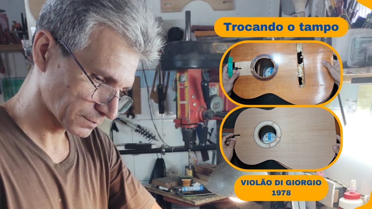Fazendo a troca do tampo do violão Di Giorgio,modelo clássico 28 ,ano1978.