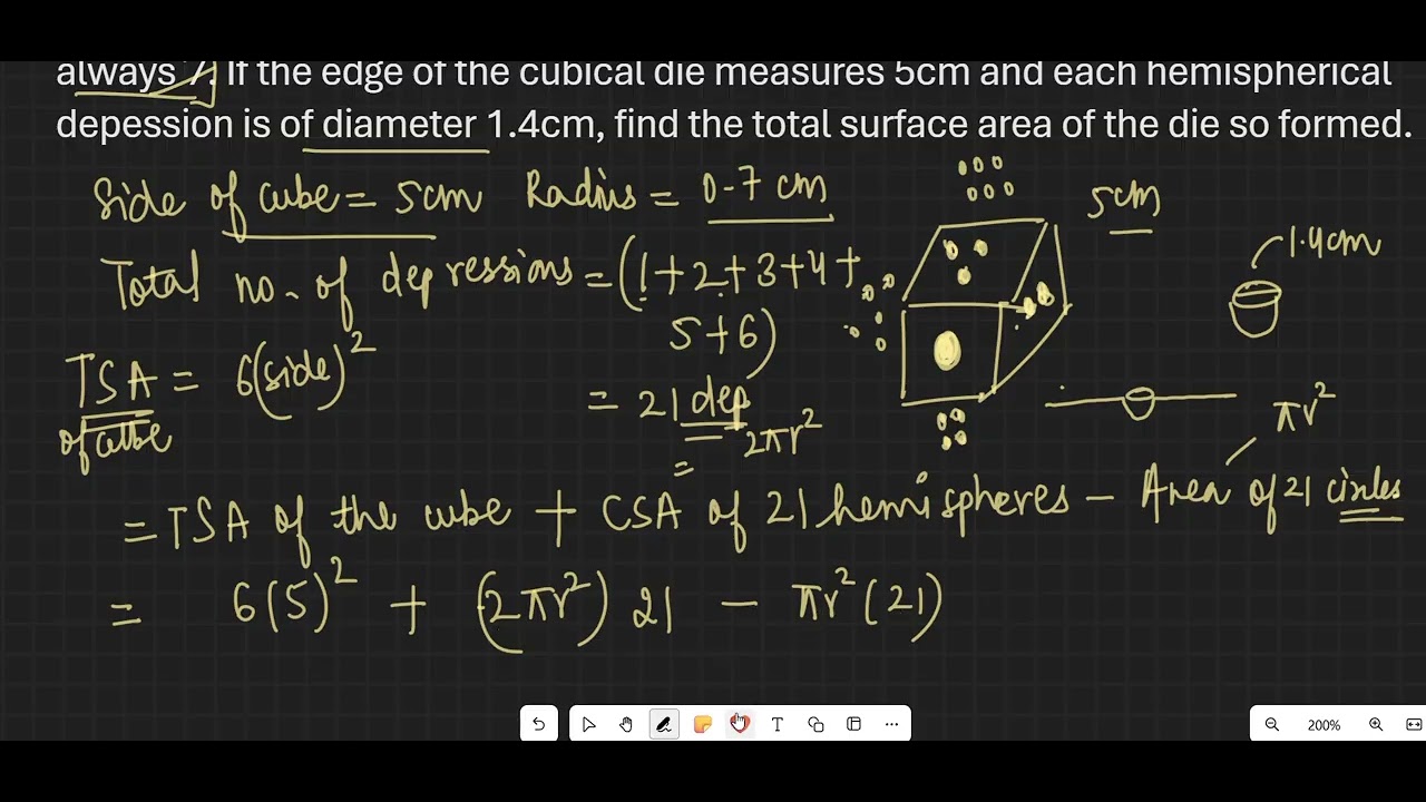 CBSE 10 25-26 TO FIND TSA OF A DIE WHEN HEMISPHERES ARE CARVED FROM ITS SURFACES.