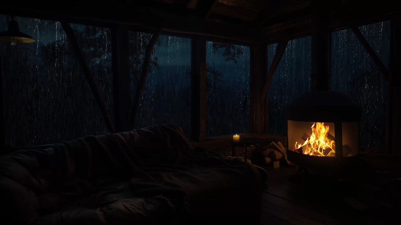 Gentle Rain Falling in a Warm Cabin Fireplace | Cozy Night Ambience for Deep Rest