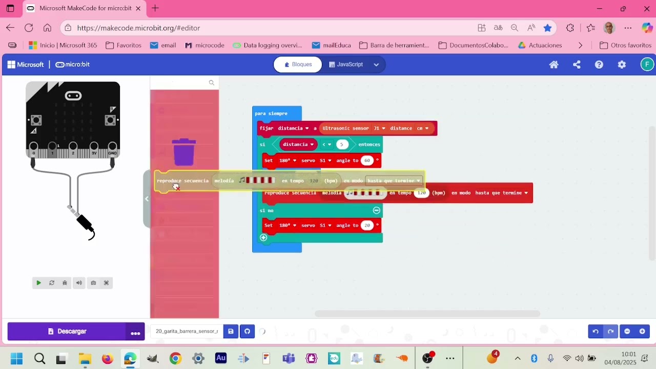 Programa con MakeCode, la clásica barrera con sensor de movimiento usando los bloques de Nezha.