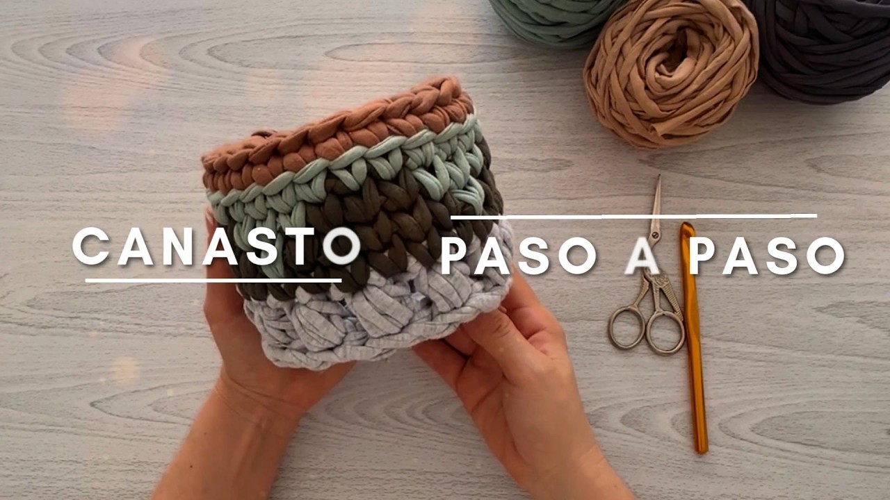 Canasto decorativo en trapillo con mezcla de puntadas #pasoapaso