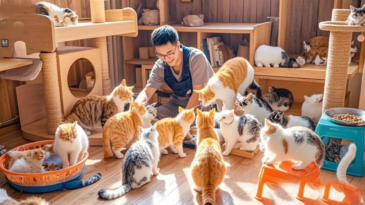 养56只猫的一天有多忙碌！给猫咪们喂食搭房间，根本没时间干其他的了！