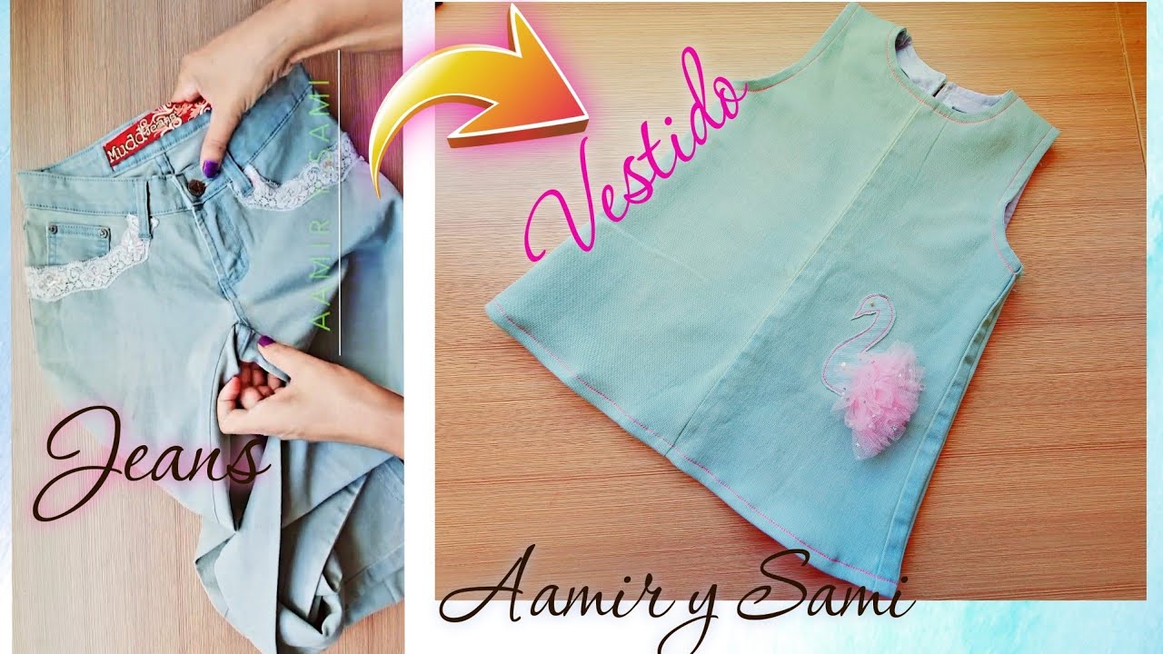 Corte y Costura VESTIDO niña de 1 año echo con un jeans.