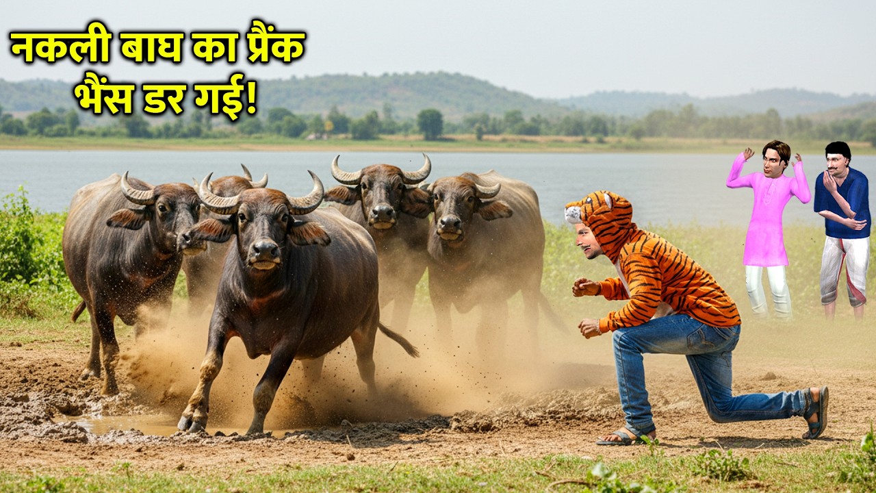 नकली बाघ का प्रैंक  भैंस डर गई! | Tiger Prank Buffalo Comedy Hindi Kahani