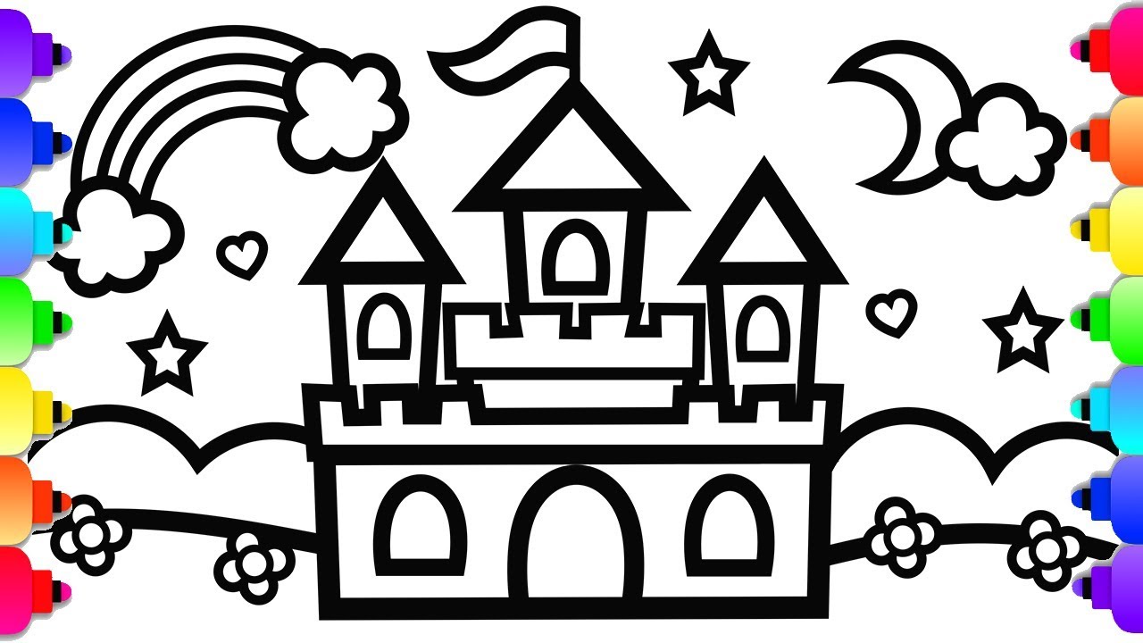 GLITTER Castle Drawing and Coloring  💗🏰💗Princess Castle Coloring Page Easy Step by Step
