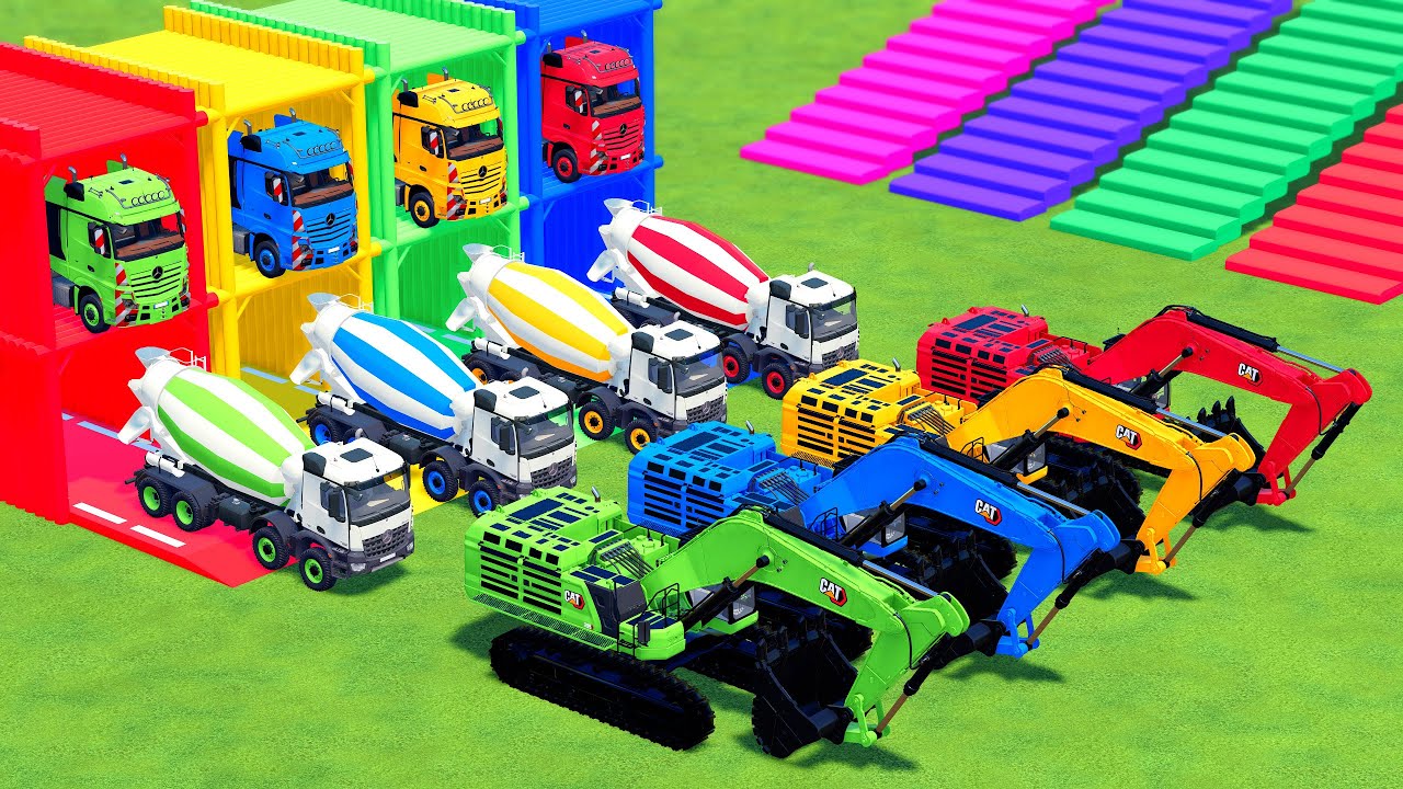 TRUCK WITH COLORS - ALL MIXER TRUCK WITH FLATBED TRAILER TRUCK, EXCAVATOR, SCANIA, MERCEDES - FS22