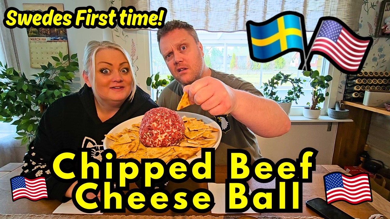 First time!! Swedish couple try Chipped Beef Cheese Ball!!