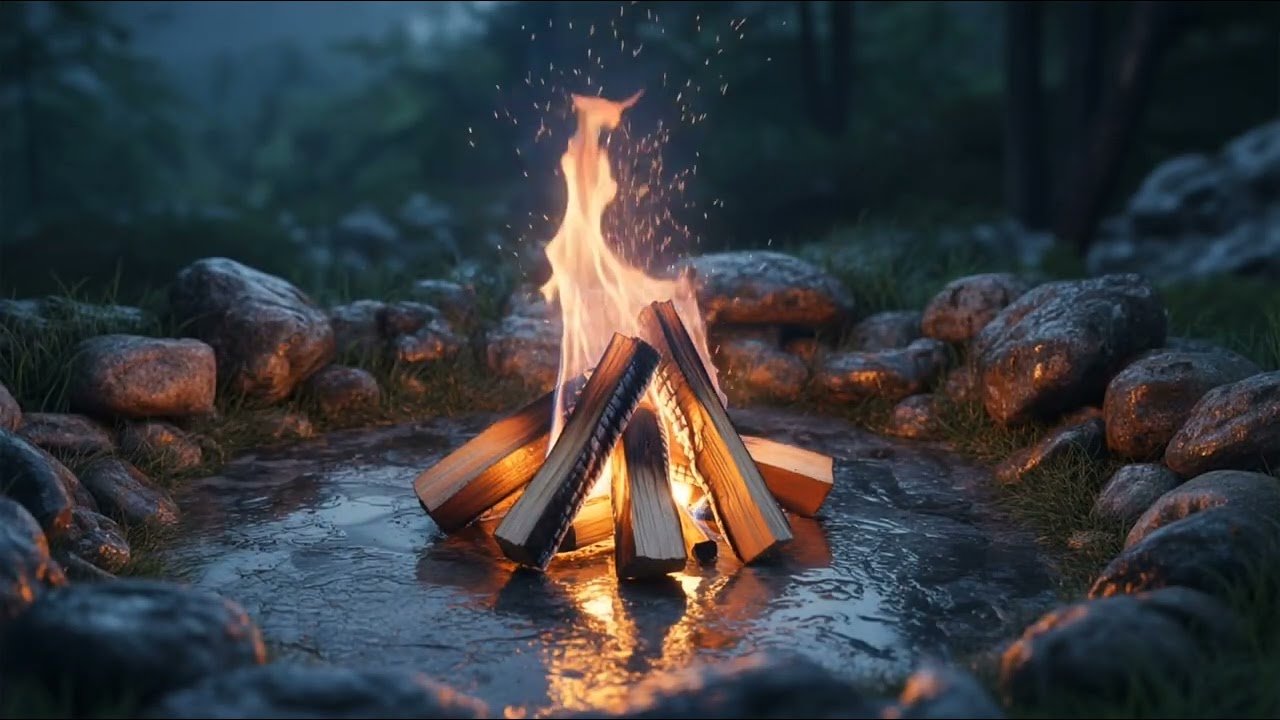 Fire Burning on Wet Rocks – Relaxing Rain & Campfire Sounds for Deep Sleep