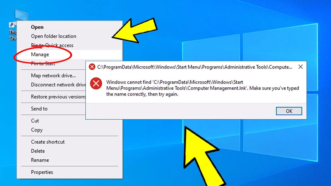 Windows не может найти «Управление компьютером».lnk Исправление при щелчке правой кнопкой мыши по...