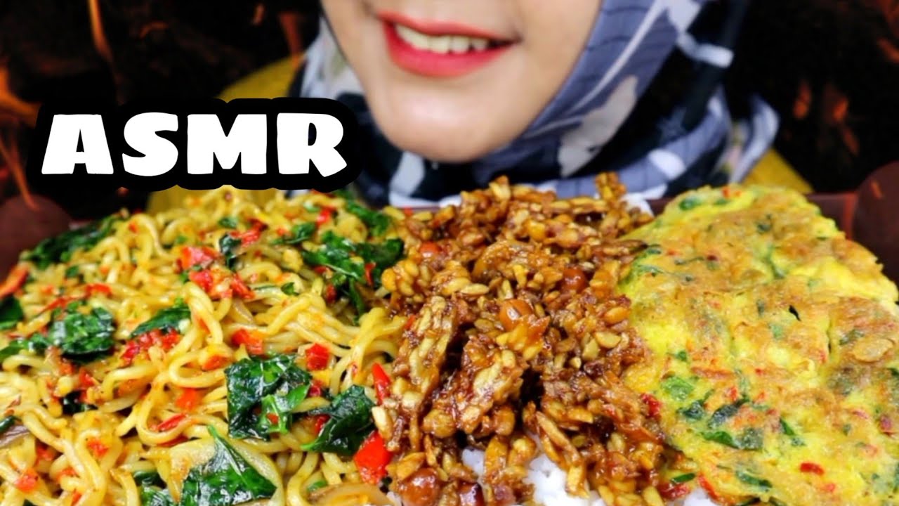 ASMR MIE GORENG PAKE NASI, TEMPE OREK + TELOR DADAR || ASMR INDONESIA || EATING SOUND