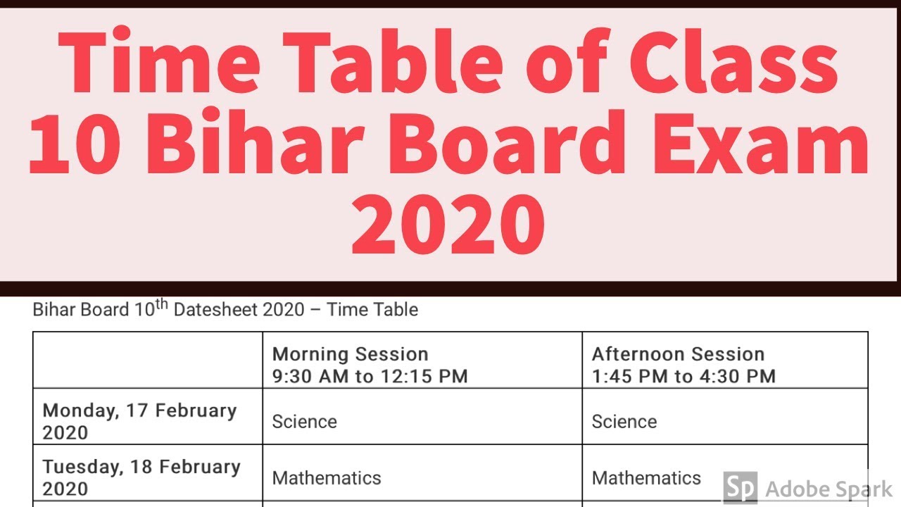 BSEB Class 10 Board Exam 2020 Time Table | Bihar Board Matric 2020 Exam Dates