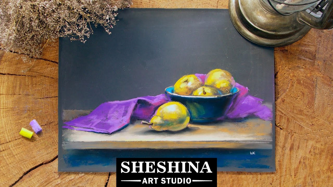How to draw a still life with pears and a purple drapery with soft pastels  🎨 Fruits