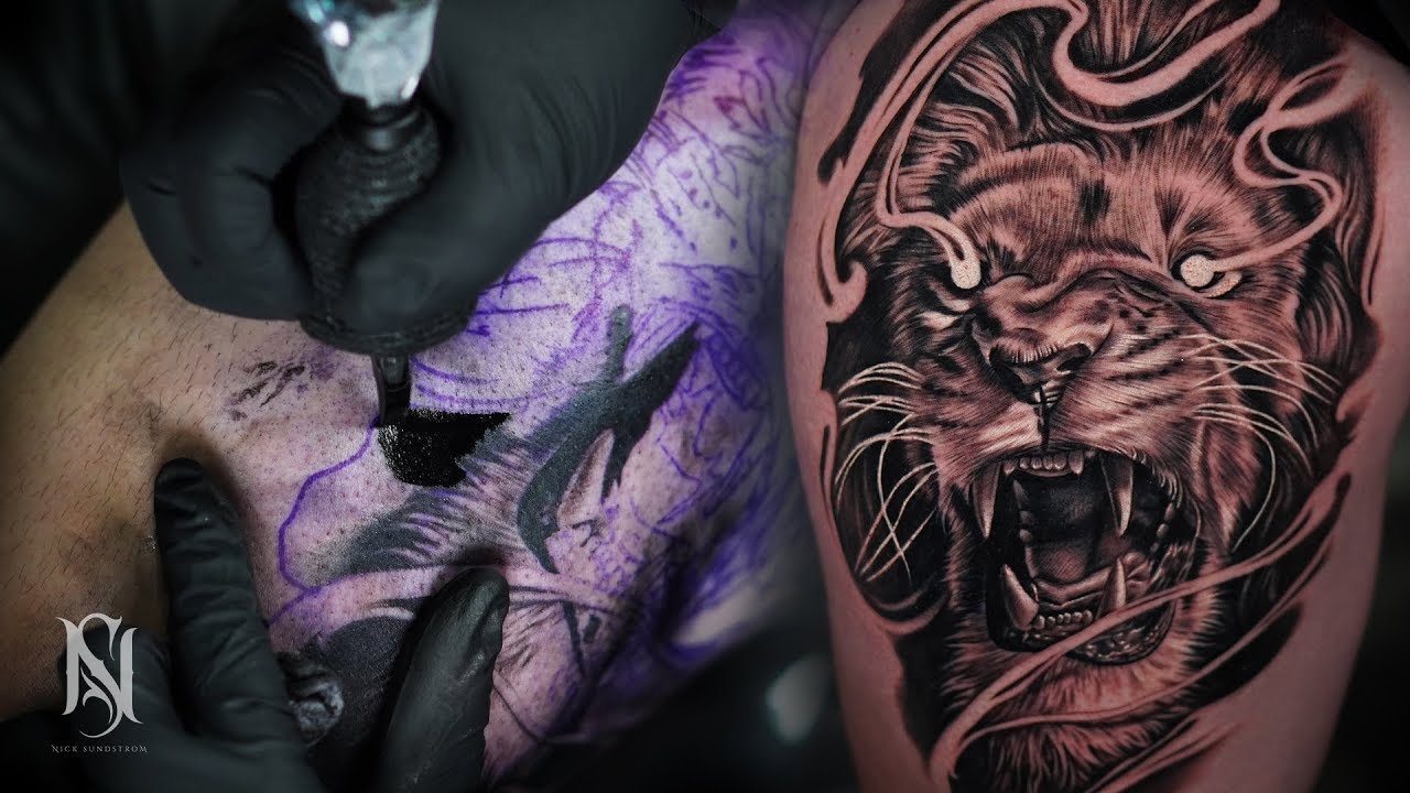 EPIC Full Thigh Lion Tattoo Time Lapse | Nick Sundstrom
