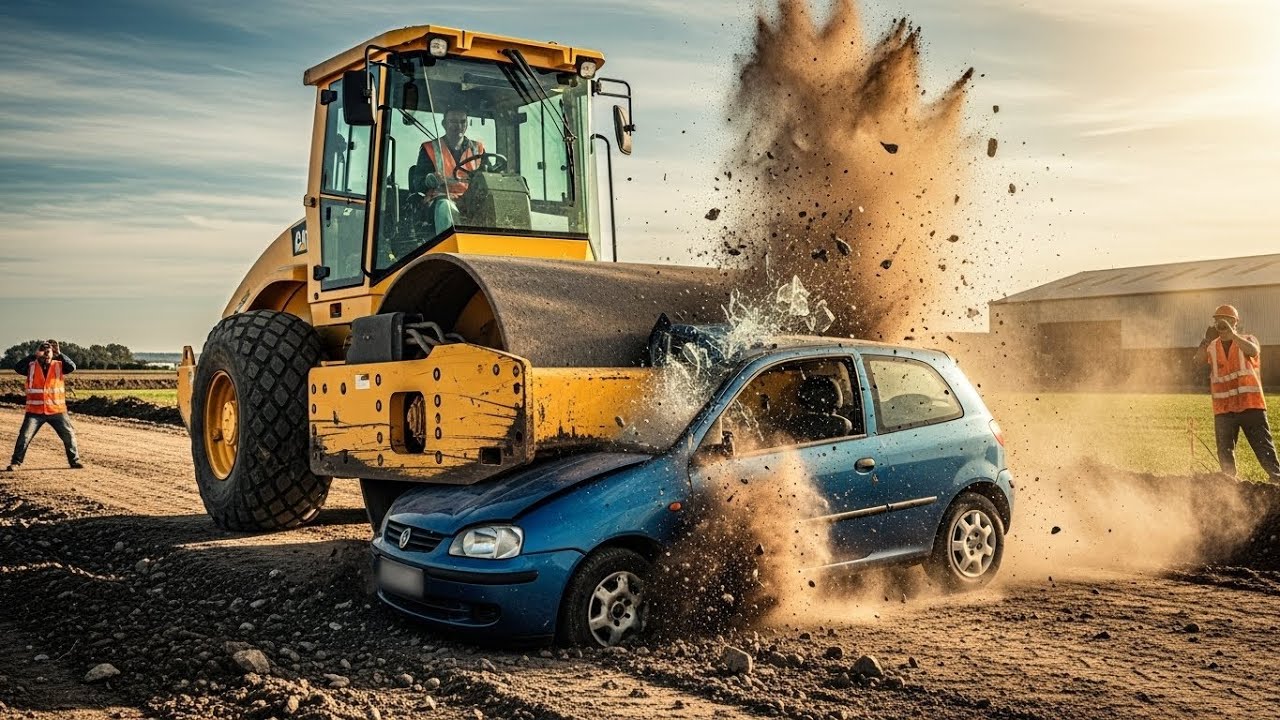 Extreme Road Roller Crush Test – Watch the Car Get Flattened Instantly!