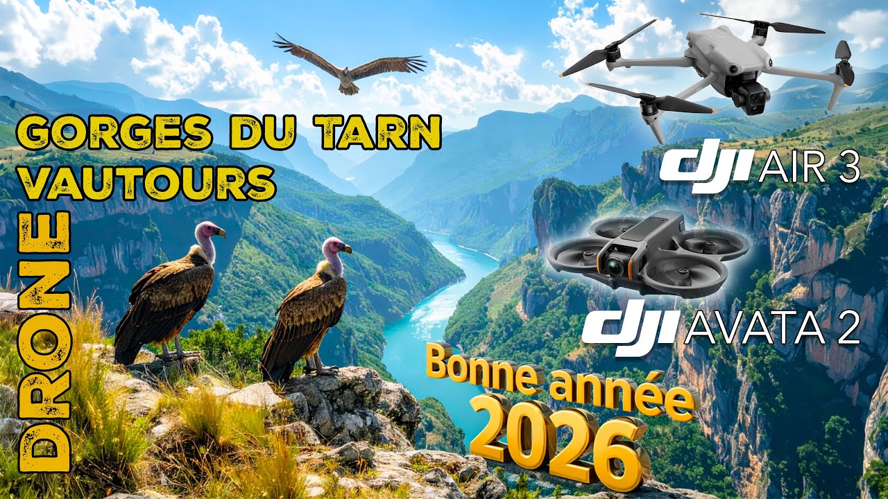 Nouvel an 2026 en drone : DJI Air 3 & Avata 2 dans les gorges du Tarn glacées avec les vautours 🦅❄️