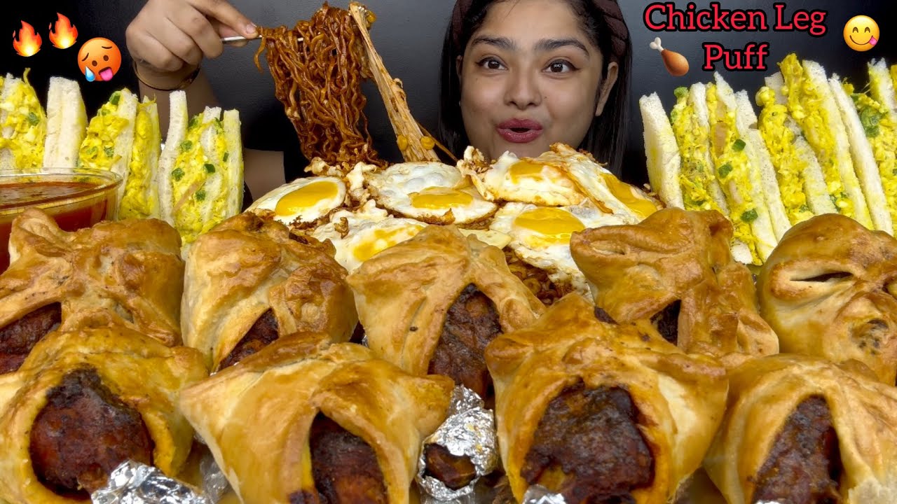 CHICKEN LEG PUFF WITH CHICKEN EGG MAYO SANDWICHES & SPICY BLACKBEAN NOODLES WITH CHEESE CORN EGGS