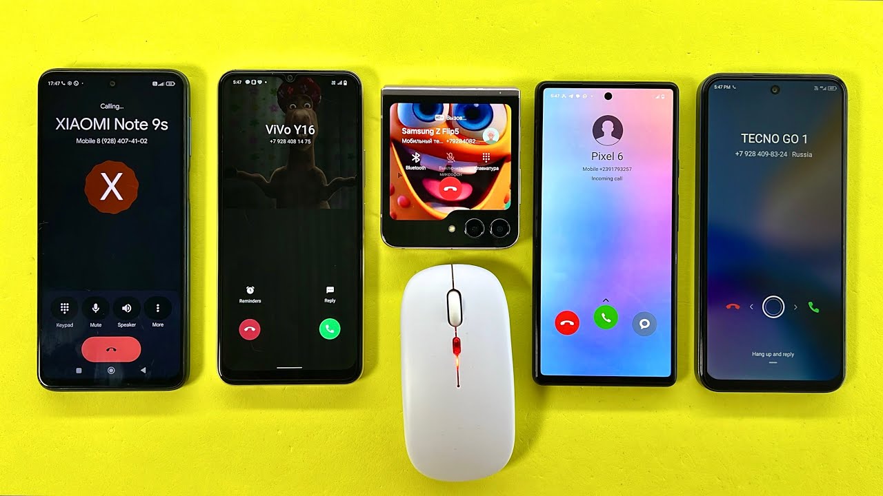 Samsung Z Flip5 calling using a computer mouse on ViVo Y16, Pixel 6, TECNO Go, Redmi Note9S