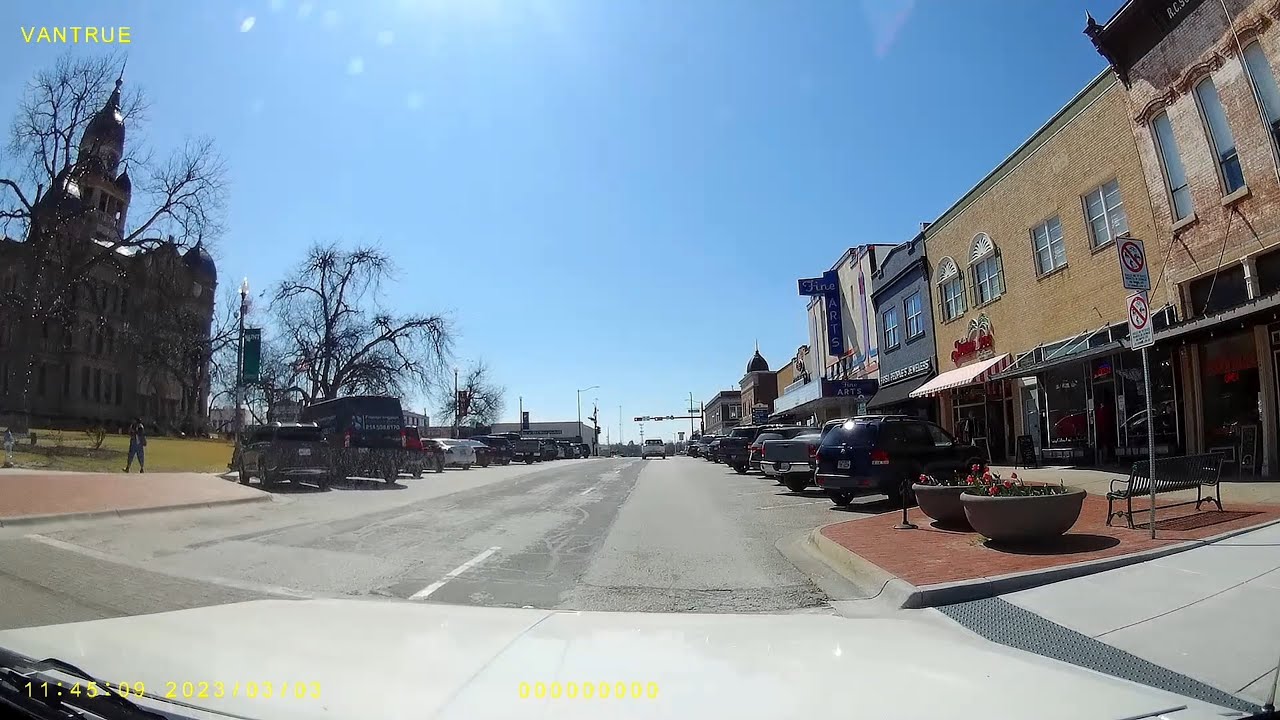 Downtown Denton, TX. Denton Square and University of North Texas - Dashcam