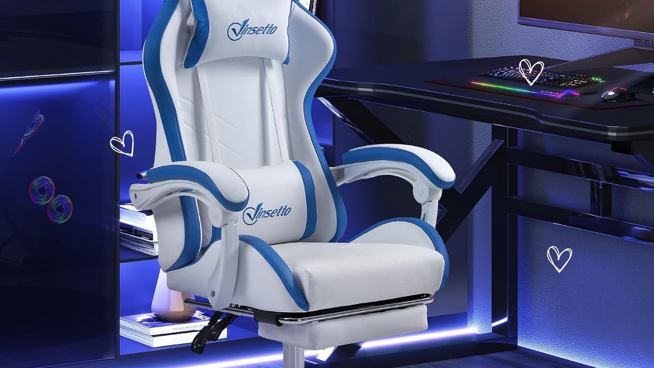 🎮 Shop Gaming - Luxurious PU Leather Gaming Chair with Footrest & Recline! | Vinsetto Blue & White