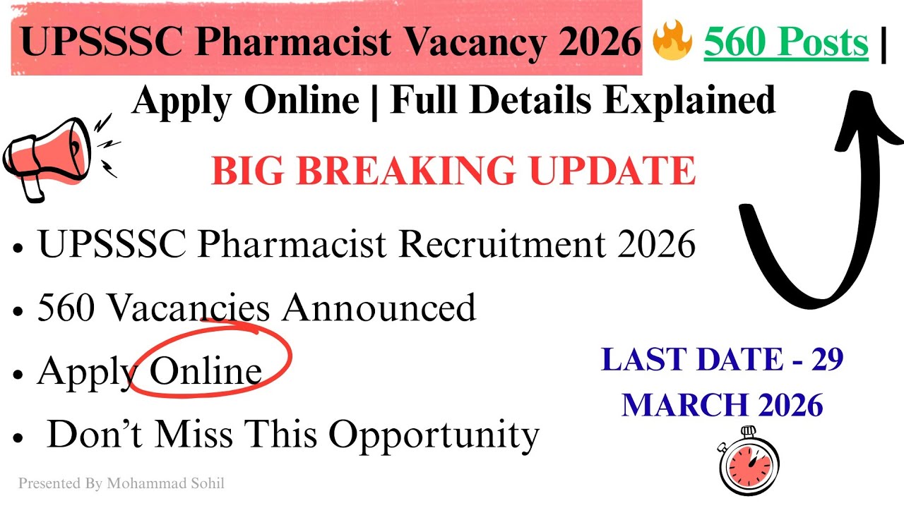 UPSSSC Pharmacist Vacancy 2026 🔥 560 Posts | Apply Online | PET 2025 Required | Full Notification