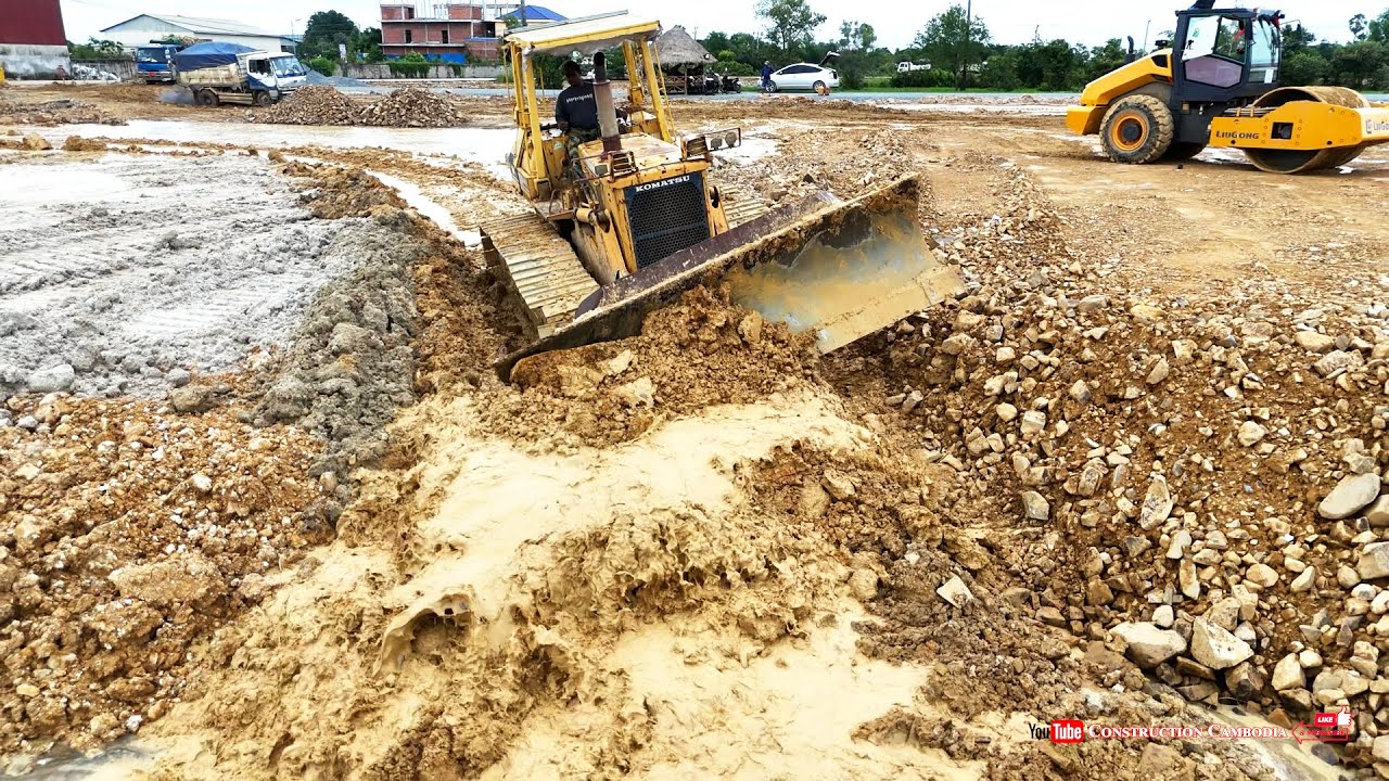 Powerful Activities Komatsu D53P Dozer Pushing Clearing Dirt Mud With Dump Trucks Landfill Site Farm