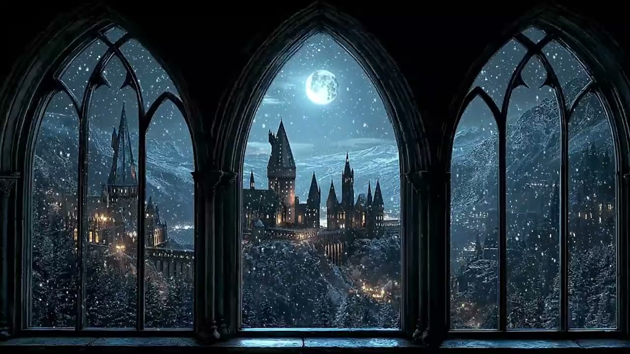 4K Hogwarts Castle at Night ~ Snowy Winter Window Ambience for Deep Sleep & Focus