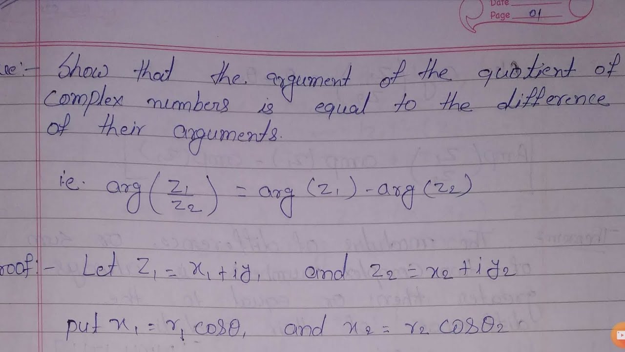 arg (Z1/Z2) = arg(Z1) - arg(Z2) , show that the argument of the quotient of complex number is equal.