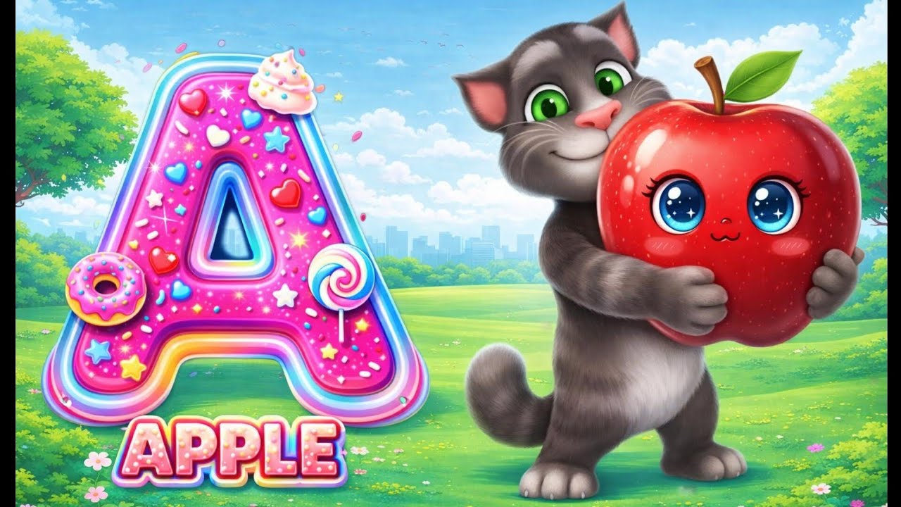 Learn ABCD 🍎 with Cute Yellow Cat 🐱 | A to Z Alphabet for Kids | Cartoon Mam 🙂