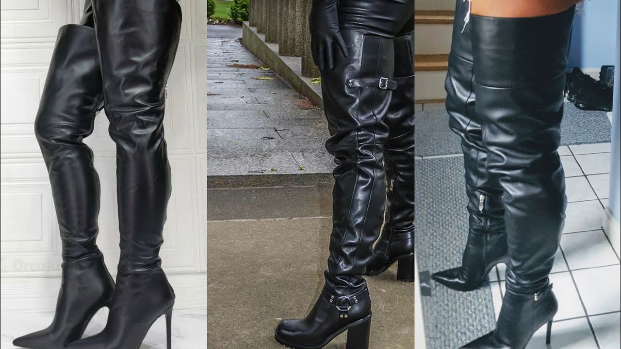 Velvet Apex: High-Heeled Leather Thigh Boots with Gloss Finish and Sharp Pointed Toe
