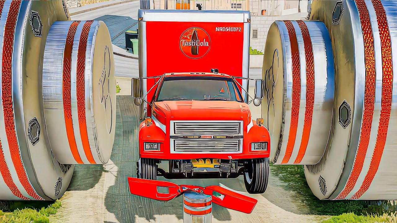 Buses & Flatbed Truck vs Giant Bollards #beamngdrive #bus 