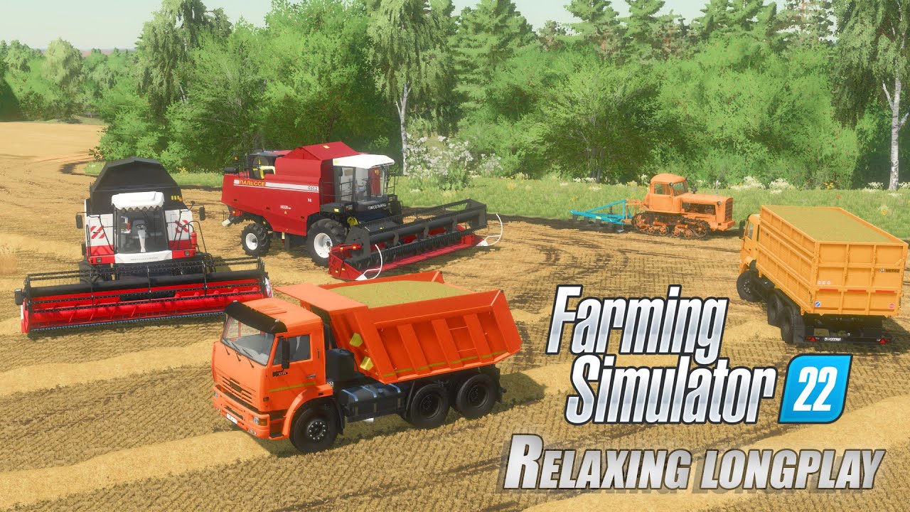 FS22 Малиновка. Колхоз. Уборка пшеницы: Палессе GS12, Ростсельмаш Акрос 595 Plus, КамаЗы, ДТ-75