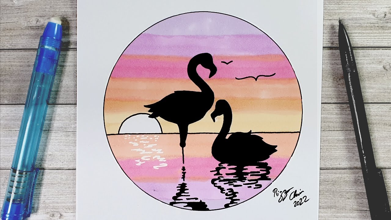 HOW TO DRAW FLAMINGO IN A CIRCLE - SUNSET ON ISLAND DRAWING TUTORIAL  - HAPPY DRAWINGS ART