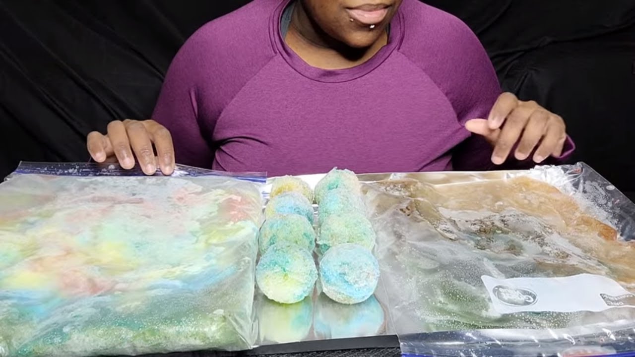 TYE DYE REFROZEN POWDERY ICE SHEET, GLASS ICE SHEET, & COLORFUL POWDERY SNOW ICE BALLS #ICEEATING