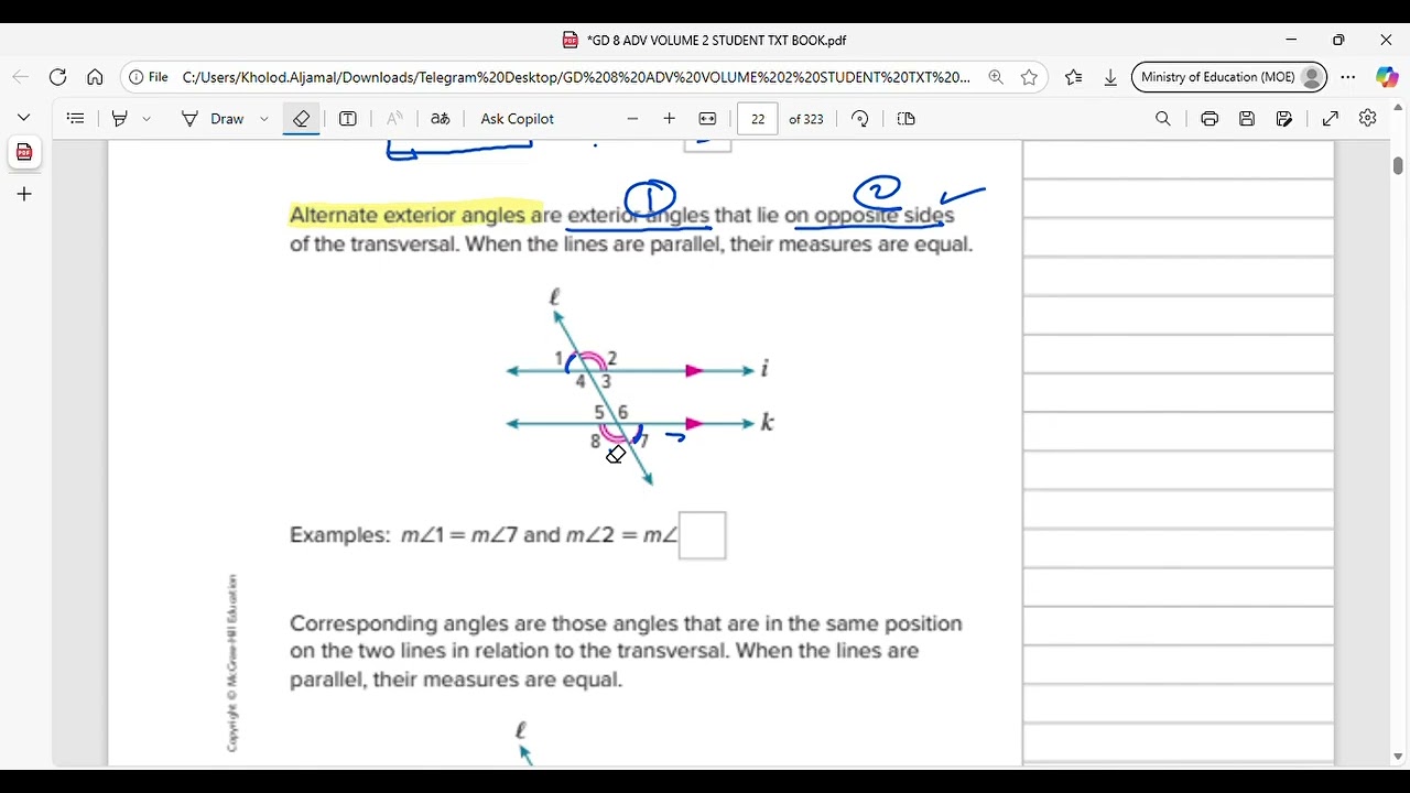 Reveal math grade 8 lesson  7-1 angle relationships and parallel lines