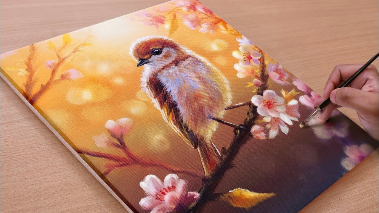 Painting a Beautiful Flower with a cute Little Bird 🐦🐦/ Acrylic painting / Art paintings