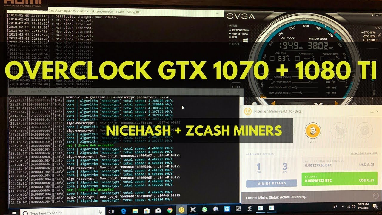 Overclock GTX 1070 + 1080 Ti For NiceHash and ZCash Miners