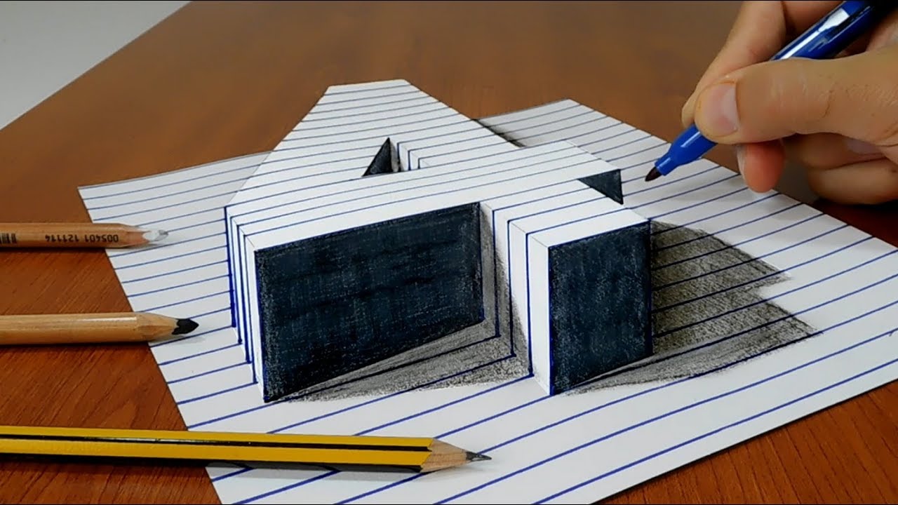 Draw a number four (4) on Line Paper   3D Trick Art