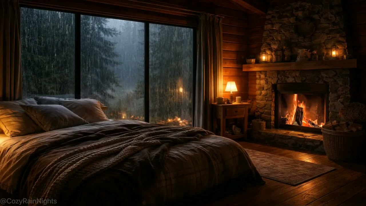 Cozy Cabin Heavy Rain 🌧️ Rain Sounds & Crackling Fireplace for Fall Asleep in 3 Minutes