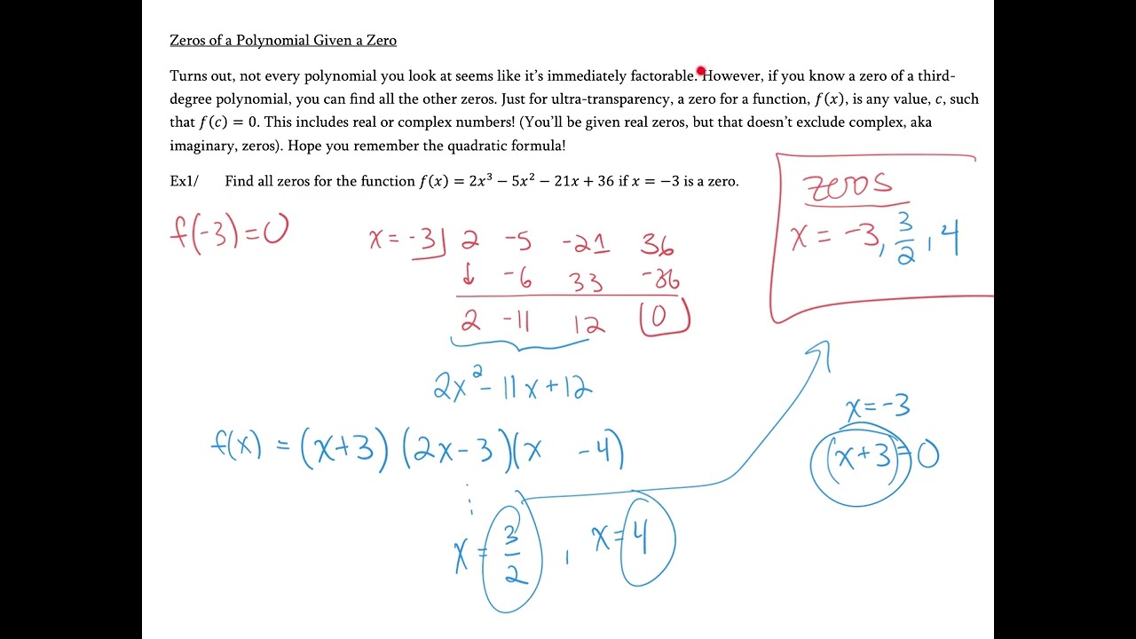 Precalc Section 3.3 Notes - Video 3 - Zeros of Functions Given a Zero