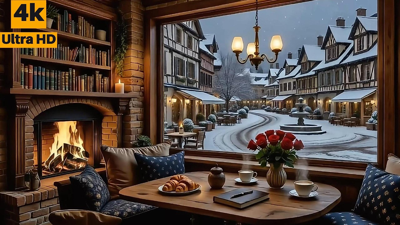 Gemütliche Winterstimmung, Schneefall in einer kleinen alten Stadt, Kaminfeuer, music and snowing