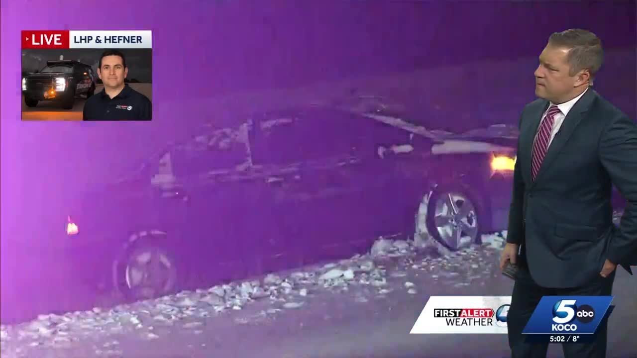 Storm Command shows scene of crash on snow-covered road along Lake Hefner Parkway in Oklahoma City