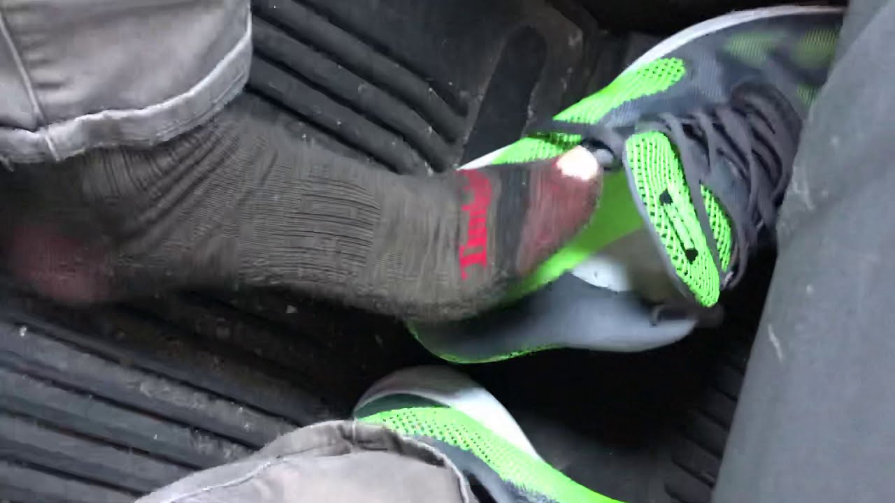 Driving Wearing My Hot Trashed Nike Revolution 3 Running Shoes With Holy Socks