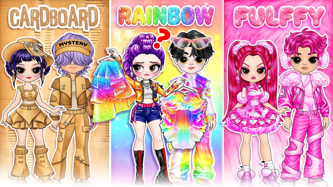 Huntrix & Saja Boys: Cardboard vs Fluffy vs Rainbow Couples Contest! | DIY Fashion Paper Dolls