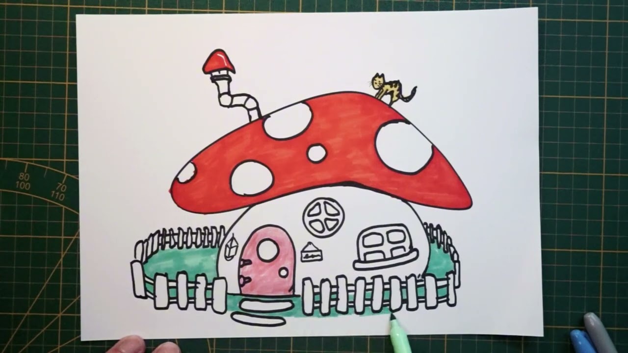 Cute mushroom house drawing and painting. Niedliches Pilzhaus zeichnen und malen.