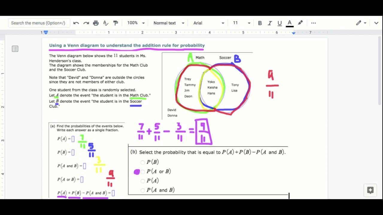 ALEKS - Using a Venn Diagram to understand the addition rule for probability