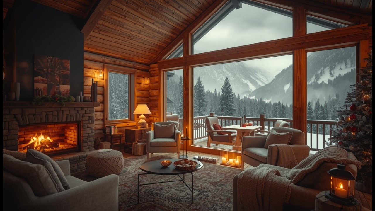 Cozy Mountain Lodge ❄️ with Fireplace | 4K Relaxing Winter Ambience and Cozy Music